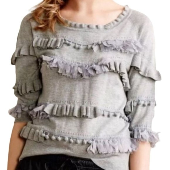 Anthropologie Sweaters - Anthropologie Sweater Knitted & Knotted Half Sleeve Pom Ruffle Gray Size Large